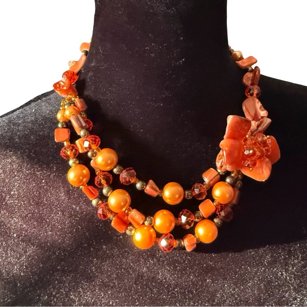 VINTAGE 80s Orange Coral Chip Glass Beads and Pearl Choker Necklace 20” RARE - Picture 1 of 5